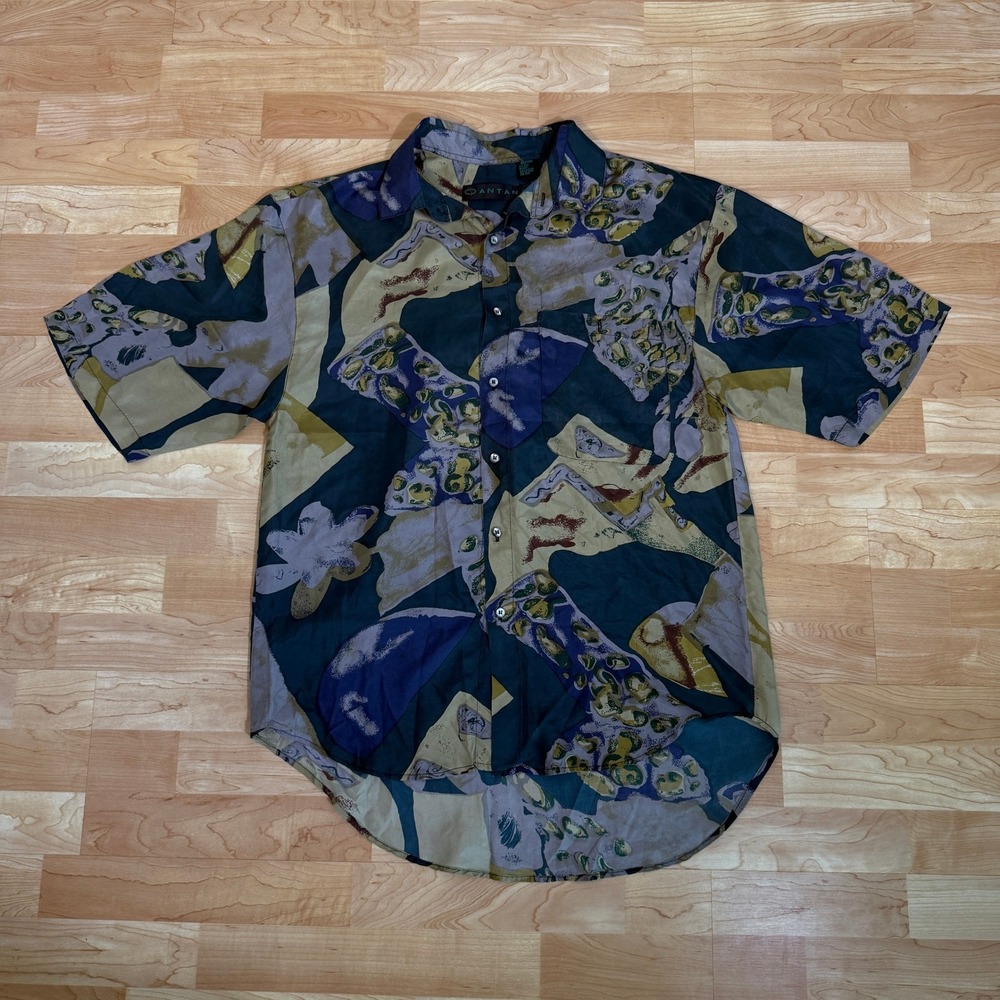 Santana Mens Silk Abstract Geometric Print Button Down Shirt Short Sleeve Teal M